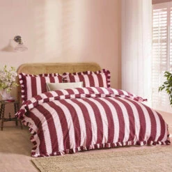 Riva Paoletti Birdie Stripe Ruffle Burgundy Double Duvet Set