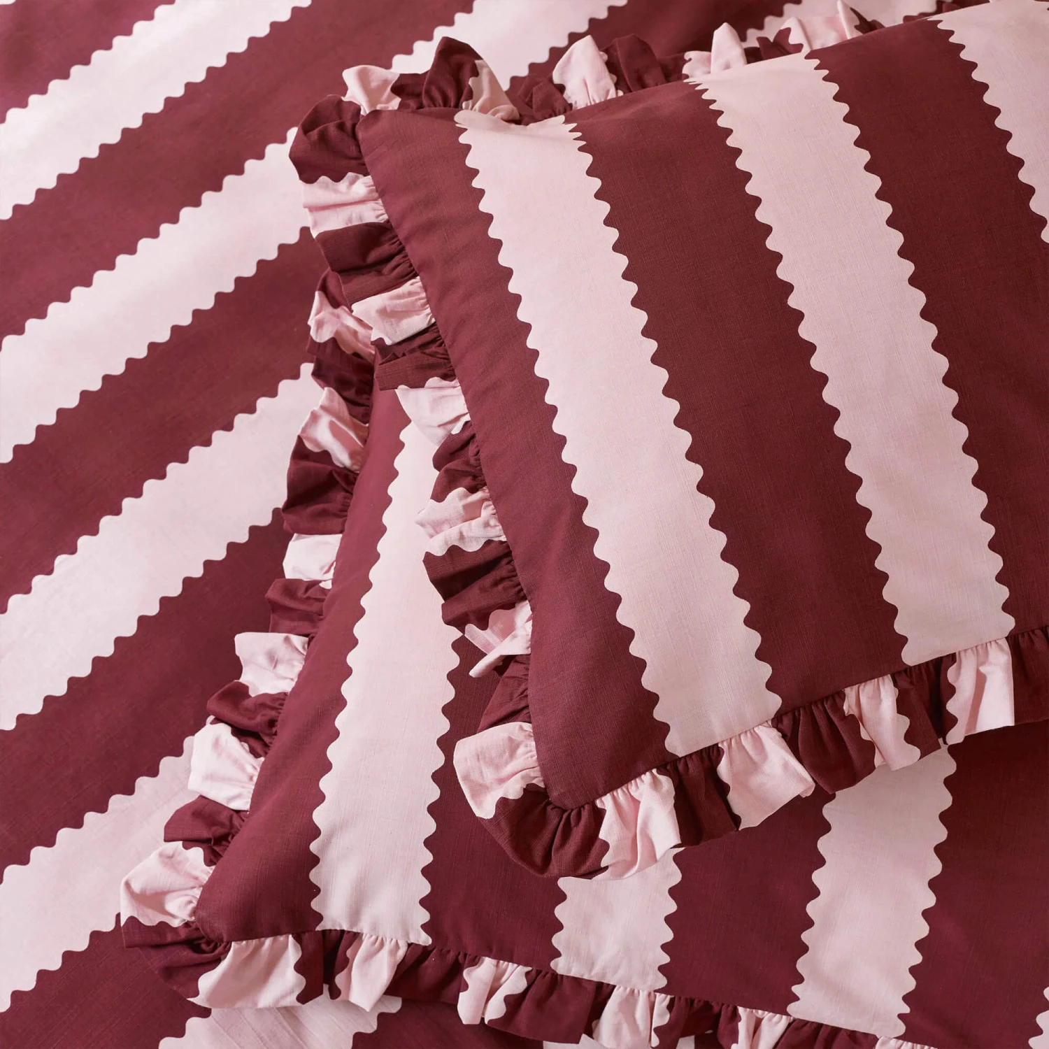 Riva Paoletti Birdie Stripe Ruffle Burgundy Bedding Collection 4 Riva Paoletti Birdie Stripe Ruffle Burgundy Bedding Collection - Image 2