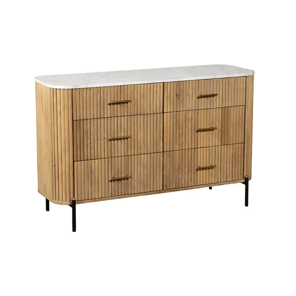 Rochelle Mango Wood & Marble 6 Drawer Wide Chest 4 Rochelle Mango Wood & Marble 6 Drawer Wide Chest - Image 2