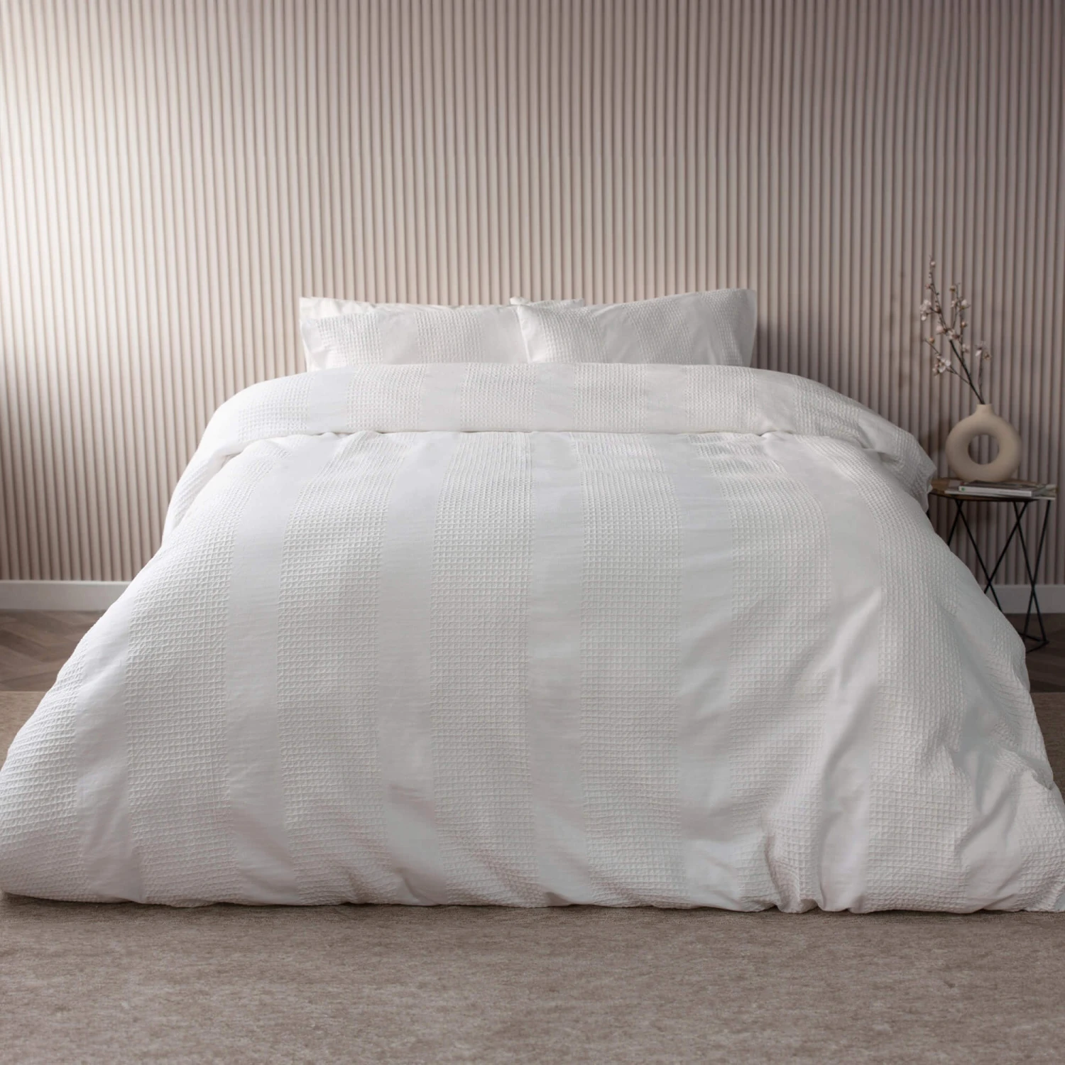 Belledorm Waffle Stripe Vanilla Double Duvet Set 3 Belledorm Waffle Stripe Vanilla Double Duvet Set