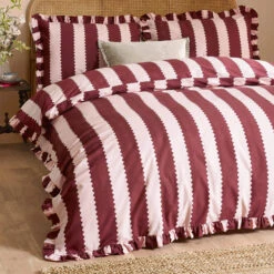 Riva Paoletti Birdie Stripe Ruffle Burgundy Double Duvet Set -Housing Units Store a081632e1e0db80faa2103fc2adfc881