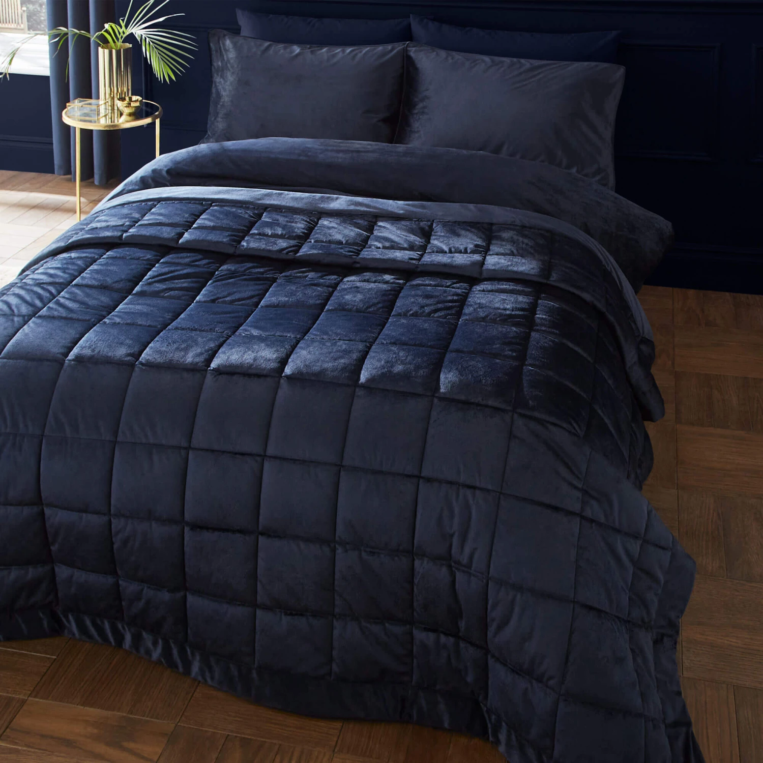 Catherine Lansfield Kingsley Matt Velvet Navy Quilted Bedspread 3 Catherine Lansfield Kingsley Matt Velvet Navy Quilted Bedspread