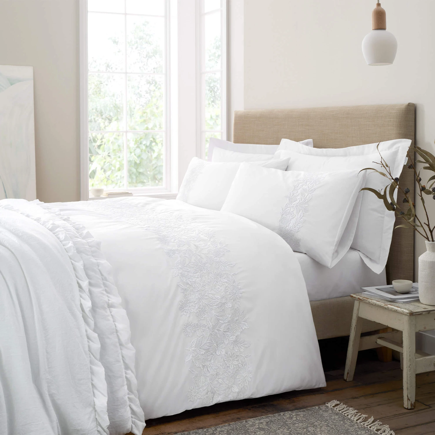 Embroidery Floral White Bedding Collection 3 Embroidery Floral White Bedding Collection